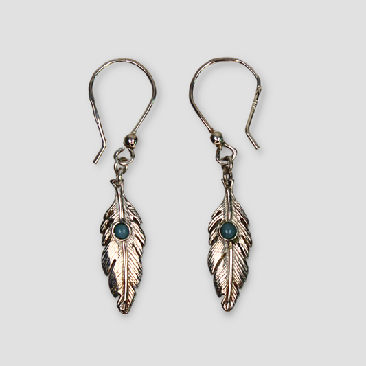 Larimar Feather Silver Earrings on a gray surface