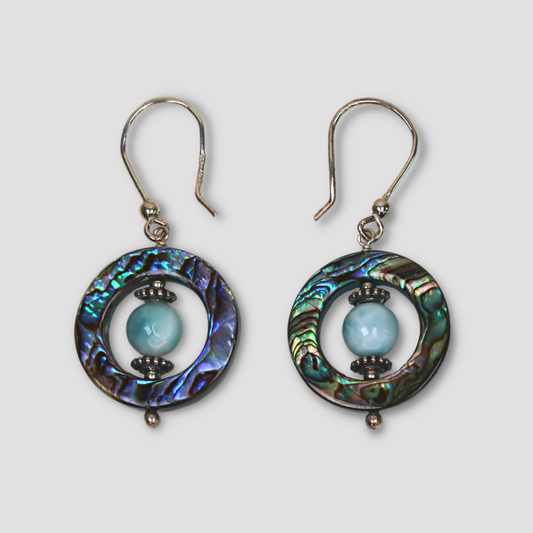 Larimar & Abalone Stability Earrings on a gray surface