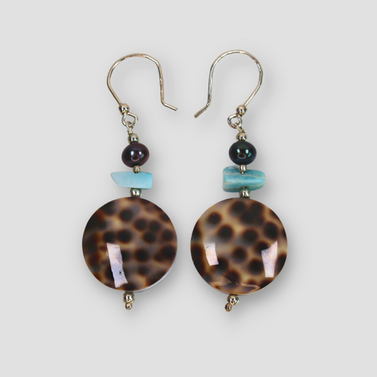 Light Blue and Brown Larimar & Abalone Earrings on a gray surface
