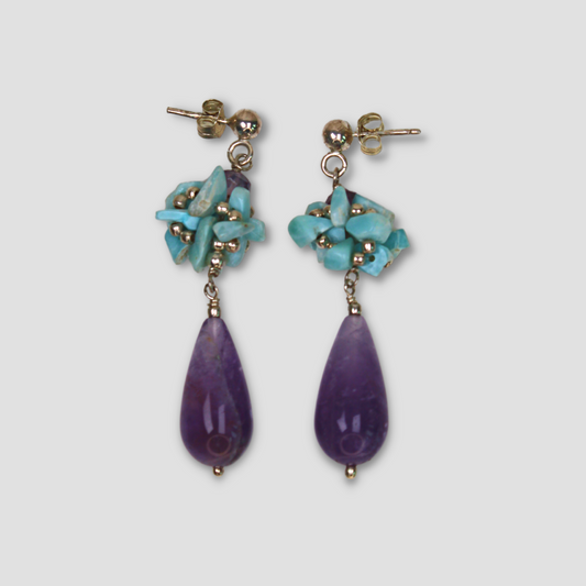 Light Blue and Purple Larimar & Amethyst Earrings on a gray surface