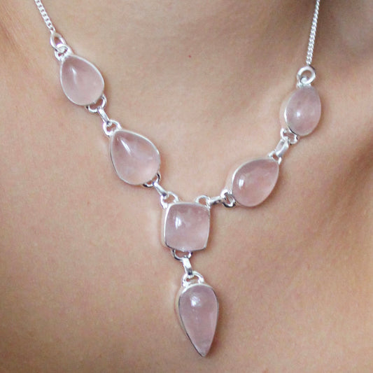 A woman wearing Rose quartz Silver Necklace