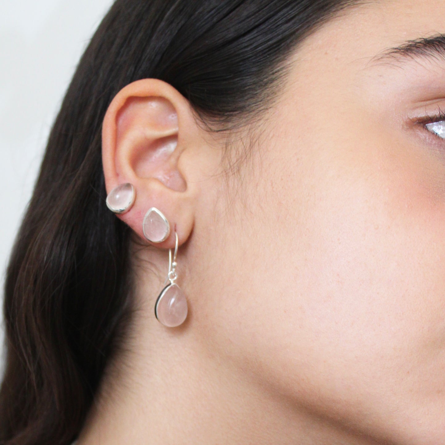 A woman wearing Rose quartz Silver Earrings