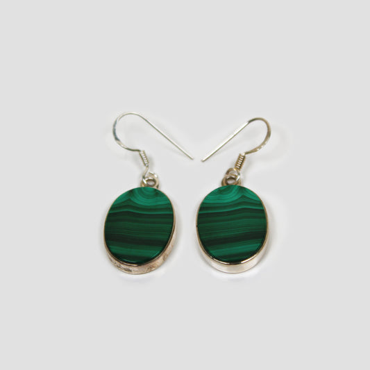 Green Malachite Silver Earrings on a gray surface