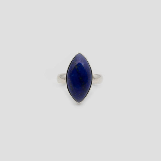 Blue Lapis Lazuli Silver Double drop Ring on a gray surface