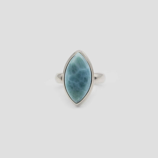 Light Blue Larimar Silver Double drop Ring on a gray surface