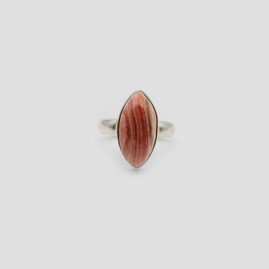 Rose Rhodochrosite Silver Double drop Ring a gray surface