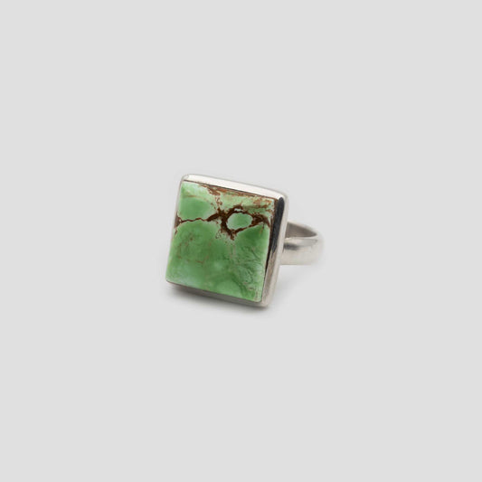 Green Variscite Silver Square Ring on a gray surface